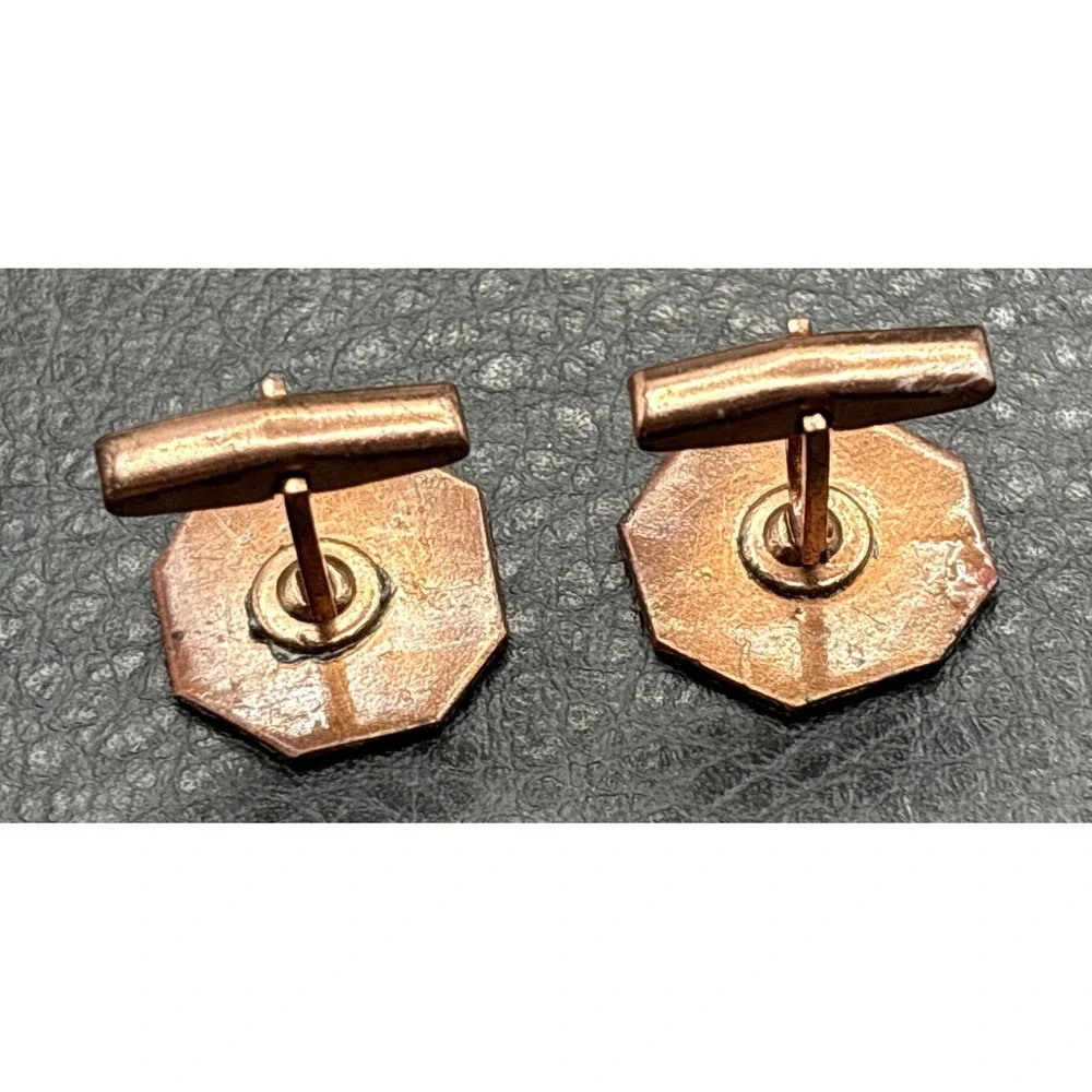 Vintage Modernist Copper and Black White Enamel Octagon Geometric Cufflinks